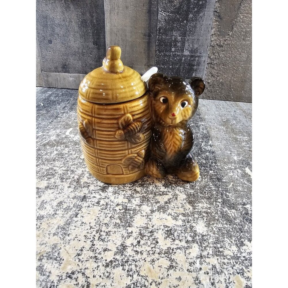Vtg Bear and Beehive Honey Jar Pot & Dipper & Lid!  CERAMIC!  JAPAN!  BEES!